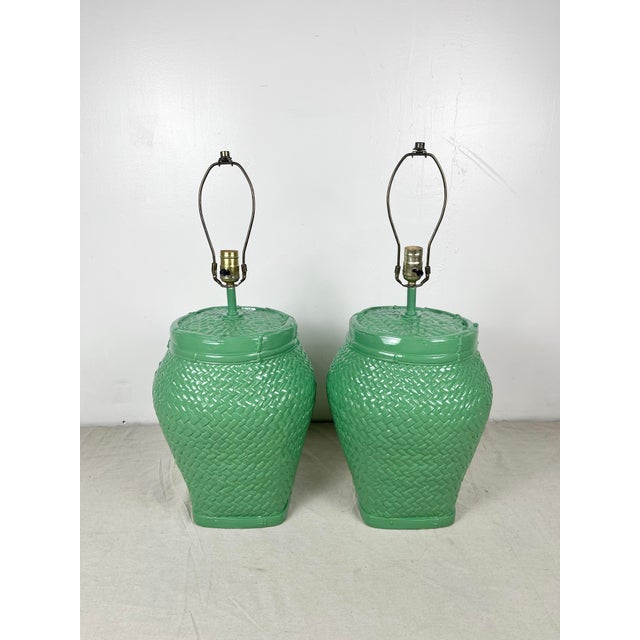 Chinoiserie Vintage Newly Lacquered Green Woven Basket Weave Style Lamps- A Pair For Sale - Image 3 of 7