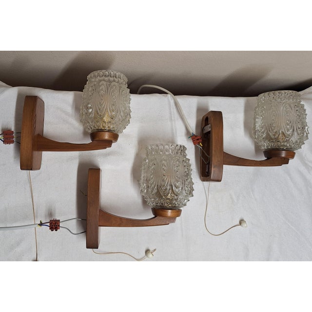 Wall Lamps with Brown Beech Frames and Clear Relief Glass Shades, 1970s, Set of 3 For Sale - Image 6 of 7
