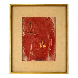 1960s Modern Red Abstract with Two Miniature Female Figures Oil Painting by Gene Hatfield, Framed