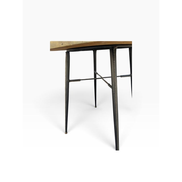 Metal Vintage Stitched Leather and Rattan Gueridon by Jacques Adnet, 1950s For Sale - Image 7 of 12