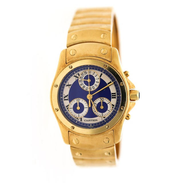 Contemporary Vintage Cartier Ronde Blue Chronograph 18k Gold 30mm Watch For Sale - Image 3 of 11