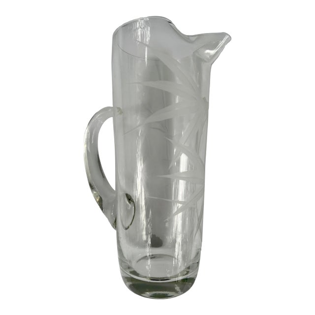 Vintage Clear Glass Pitcher With Etched Bamboo Leaves For Sale