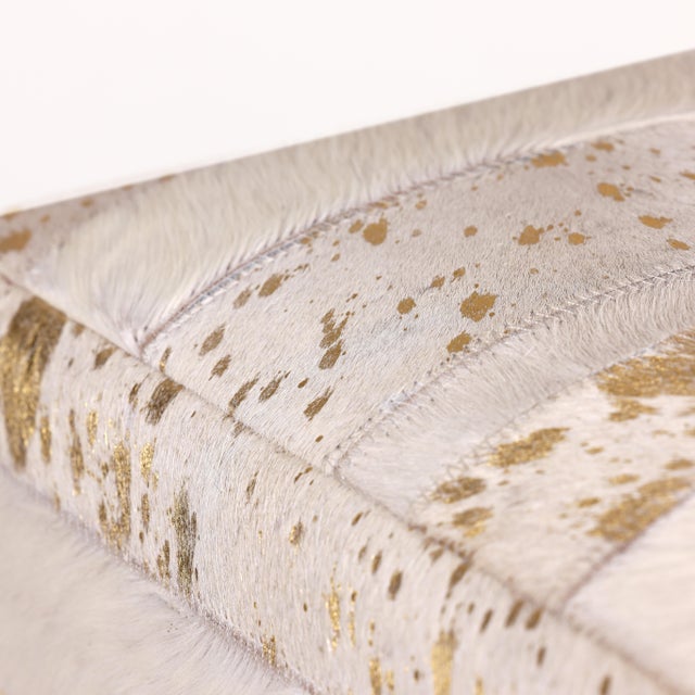 Animal Skin Handmade Tricolor Cowhide Pouf - 18x18x18 in Genuine Leather Square Ottoman For Sale - Image 7 of 11