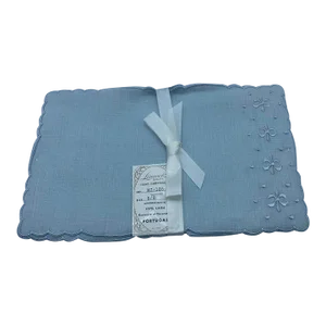 Vintage Powder Blue Leacock Hand Embroidered Irish Linen Cocktail Napkins, Set of 6