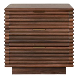 Matthew Izzo Home Mateo Walnut Reed Three Drawer Side Table With Brass Drawer Pulls For Sale