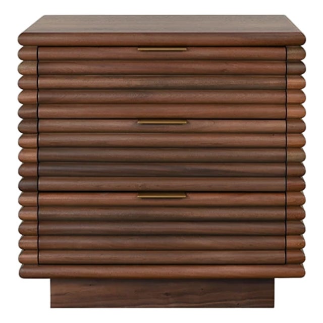 Matthew Izzo Home Mateo Walnut Reed Three Drawer Side Table With Brass Drawer Pulls For Sale