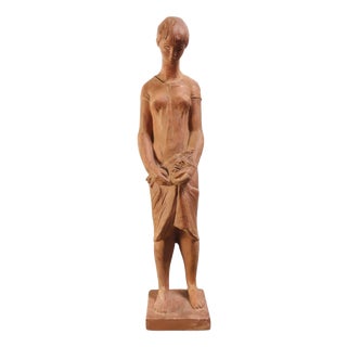 Modern Terracotta Female Figurine with Flowers from László Deák, 1960s For Sale