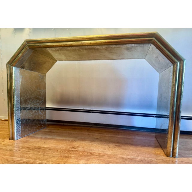 Contemporary Rodolfo Dubarry Signed Console Table Handcrafted Brass & Pewter Panels Ooak C. 1970’s For Sale - Image 3 of 12