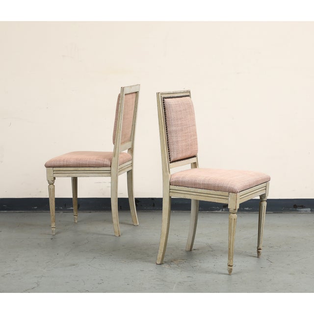 Pair of Painted French Louis XVI Style Side Chairs in Rose Tarlow Blush Linen For Sale - Image 10 of 11