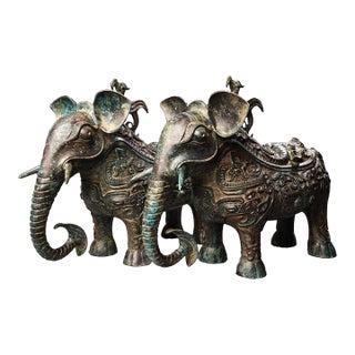 Late 20th Century Pair of Archaic Style Bronze Elephant-Form Vessels With Bird Finials For Sale