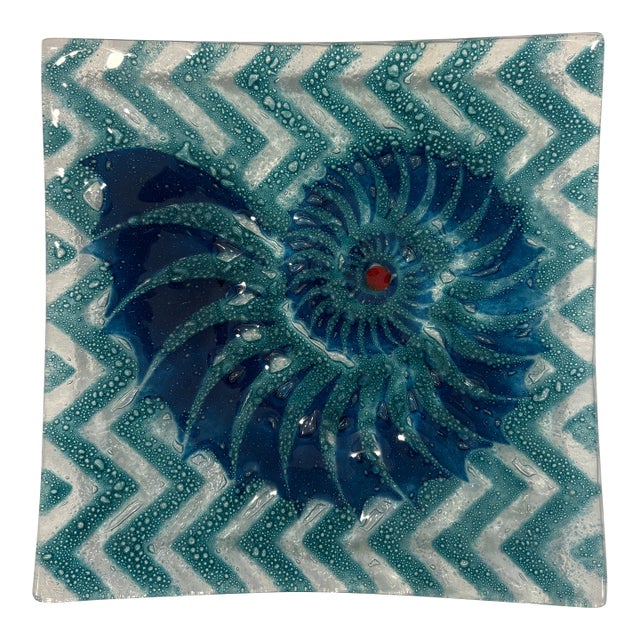 Late 20th Century Fused Art Glass Decorative Square Bowl With Nautilus Motif For Sale