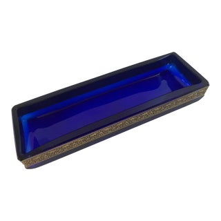 Antique Moser Karlsbad Cobalt Blue Rectangle Dish Etched Gilded Band Signed For Sale