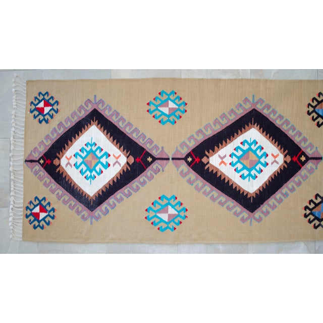 Tan Hand Woven Silk Runner Rug. Extra Long Hallway Decor. Turkish Silk Kilim. Luxury Decor - New - 3′1″ X 14′2″ For Sale - Image 8 of 17