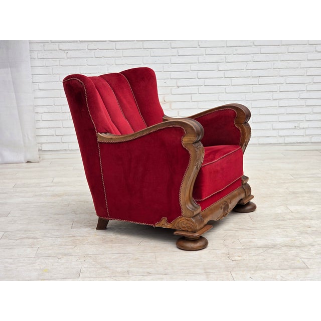 Danish Relax Armchair in Furniture Velour and Carved Oak Wood, 1950s For Sale - Image 4 of 18