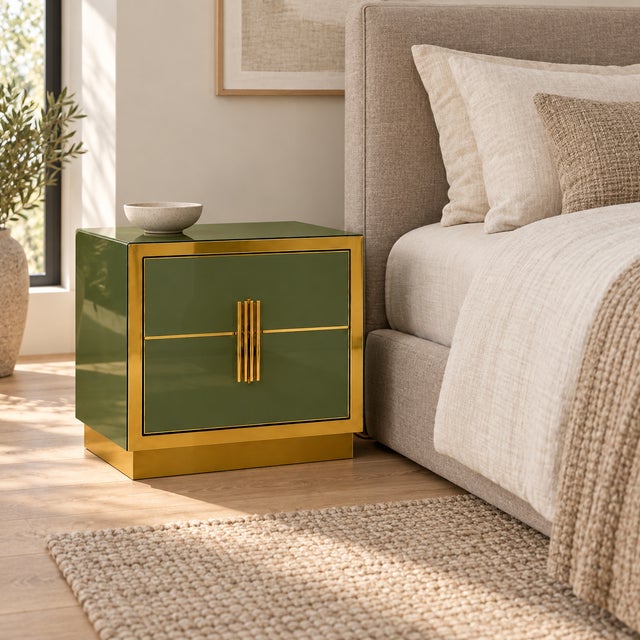 Olive Green Glass Nightstand with Recessed Brass Plinths, Italy, Set of 2 For Sale - Image 10 of 11