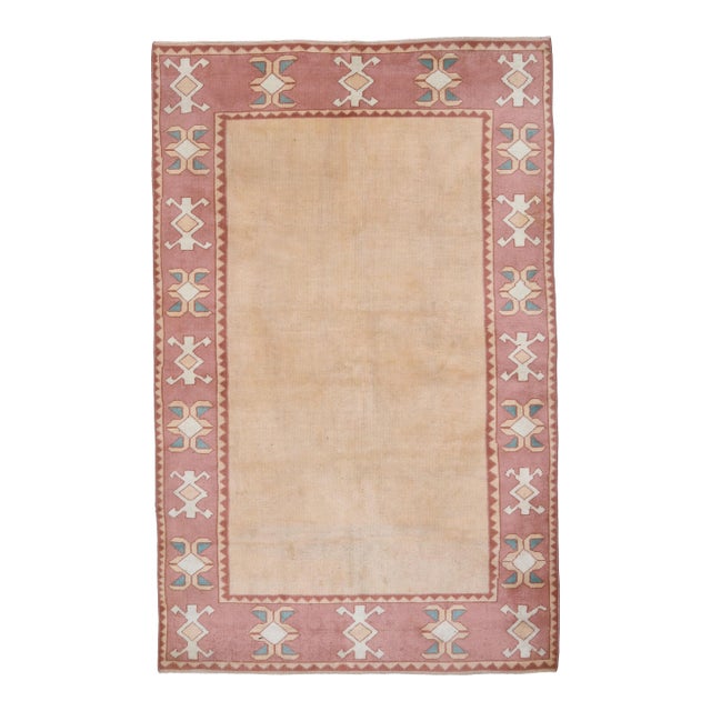 1970s Vintage Turkish Handmade Wool Cotton Pink Beige Area Rug For Sale