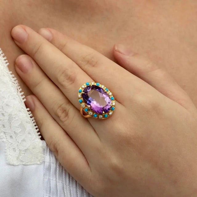 Purple Nina Zhou Amethyst Turquoise Diamond Vintage-Style Cocktail Ring in 14k Yellow Gold Ring, size 10 For Sale - Image 8 of 8