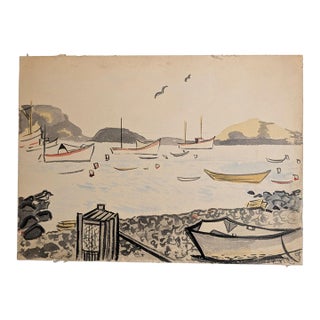 Vintage Mid-Century New England Harbor Watercolor Painting, Sailboats & Dories For Sale