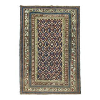 Tribal Navy Blue Antique Kuba Caucasian Handwoven Early 20th Century Rug - 3'2" x 4'7" For Sale