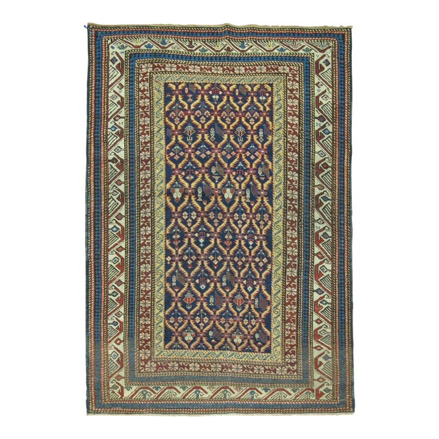 Tribal Navy Blue Antique Kuba Caucasian Handwoven Early 20th Century Rug For Sale