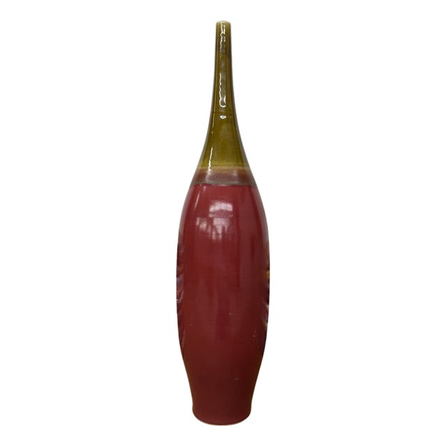 Glazed Apple Red Ceramic Vase with Skinny Mustard Green Neck For Sale