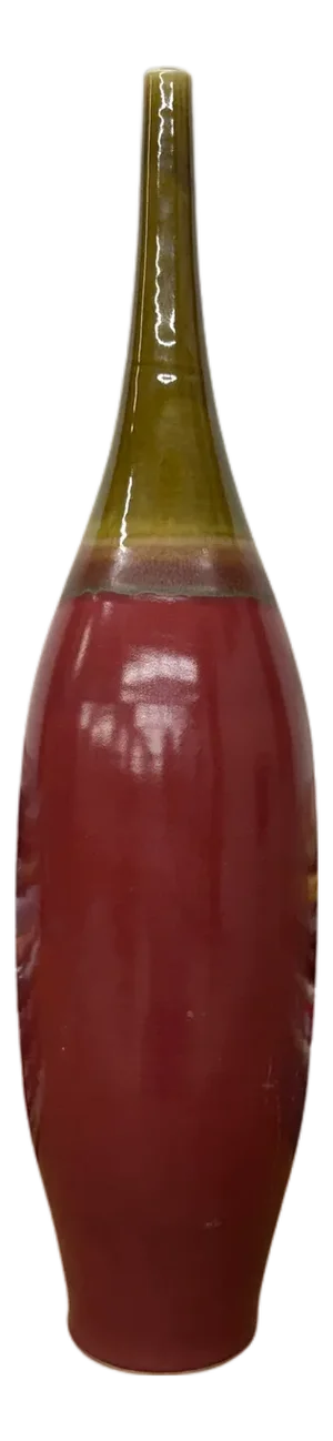 Glazed Apple Red Ceramic Vase with Skinny Mustard Green Neck