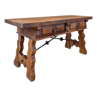 1930s Low Rustic Walnut Console Table with Two Drawers and Iron Stretcher For Sale