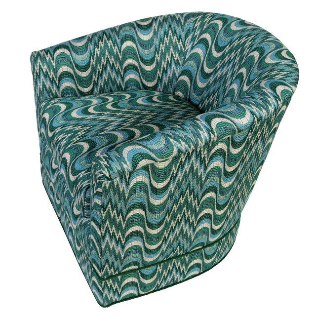 Mid-Century Modern Pair of Barrel Chairs Upholstered in Dedar Flamestich Green and Blue For Sale - Image 3 of 4