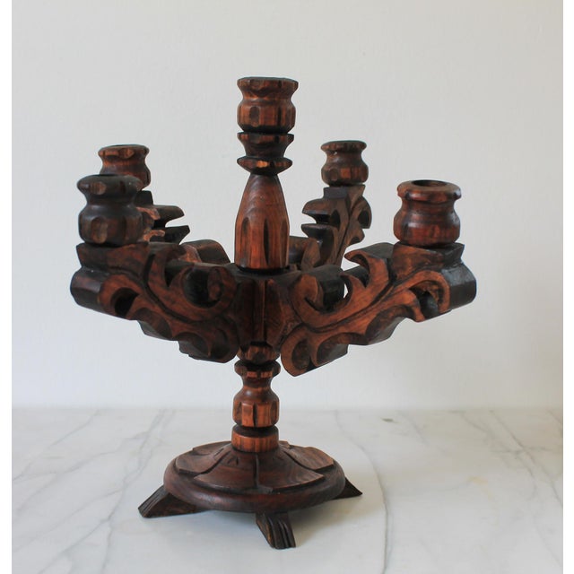 Mid 20th Century Rustic Spanish Revival Style Carved Wood Five Arm Candelabra For Sale - Image 5 of 12