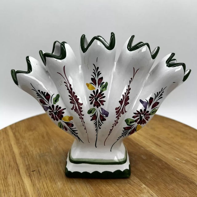 Folk Art Vintage Floral Portugal Pottery 5 Finger Vase Jay Willefred Andrea Sadek For Sale - Image 3 of 6