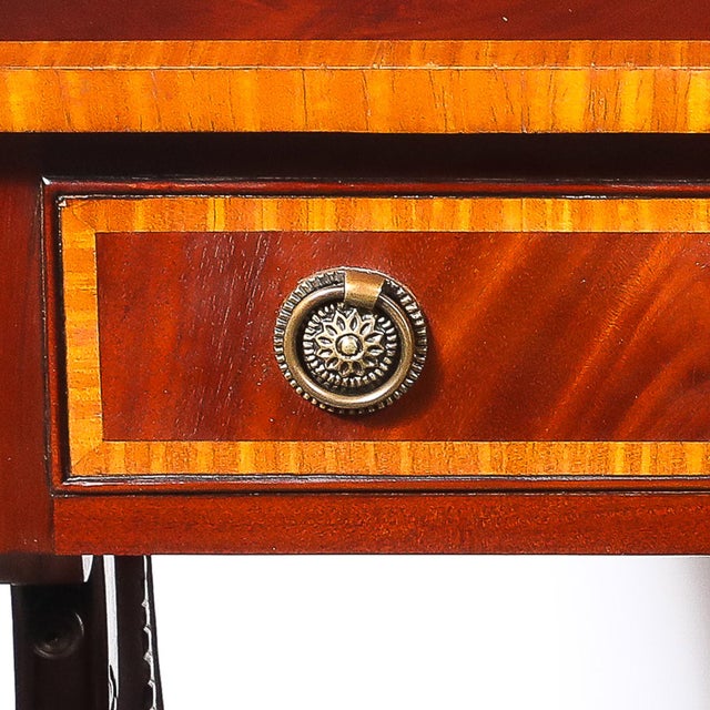 Edwardian Mahogany Writing Desk W/ Inlaid Exotic Wood Detailing & Bronze Pulls For Sale - Image 14 of 18