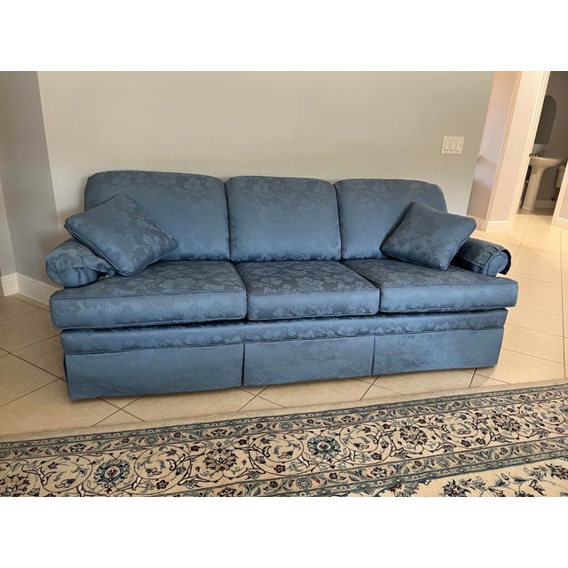 Contemporary Damask Blue Fabric Sofa With 2 Pilows For Sale - Image 3 of 5