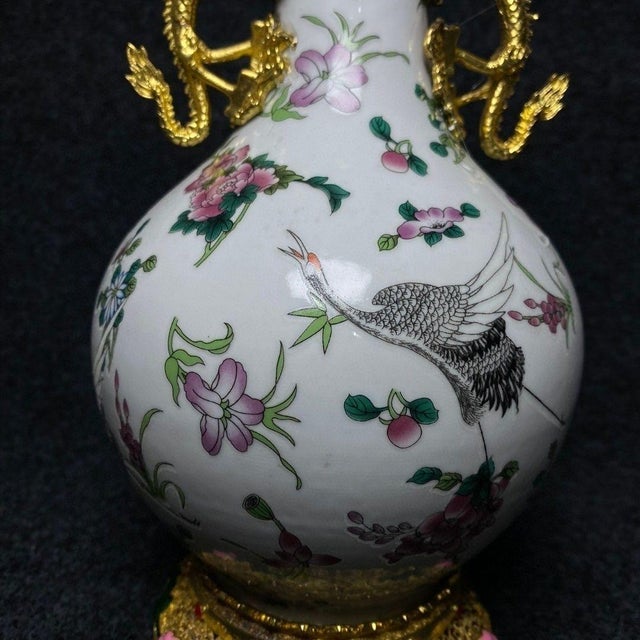 Mid 20th Century Vintage Gilt Bronze Mounted Porcelain Vase - Famille Rose Floral Motif For Sale - Image 5 of 9