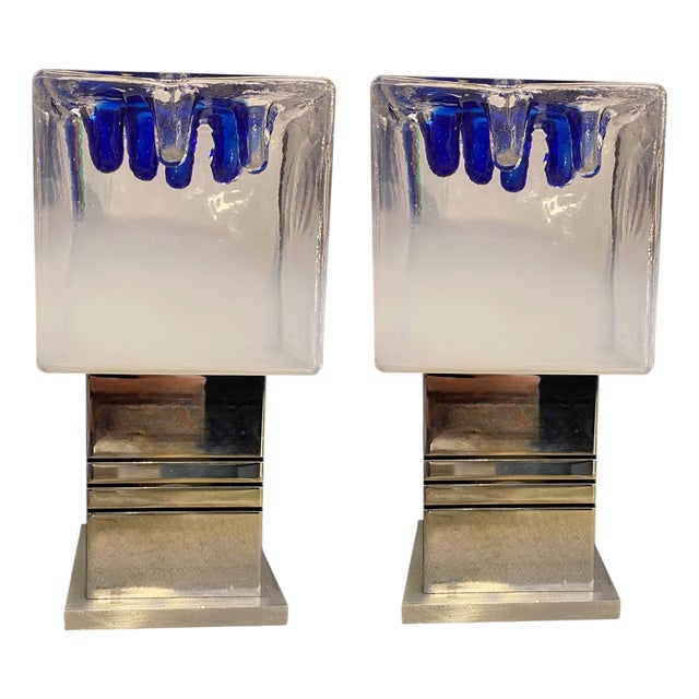 Blue Murano Cubic Lamps by Gaetano Sciolari for Mazzega, 1970s, Set of 2 For Sale