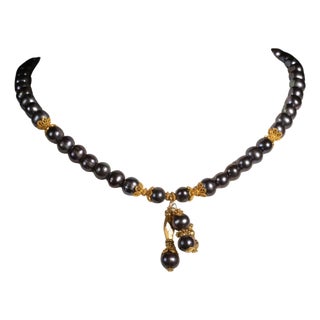 1990s Black Tahitian Pearl and 22K Gold Beaded Necklace by Deborah Lockhart Phillips For Sale