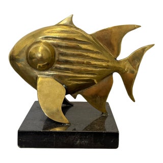 E Ferreira Netto Polished Bronze Fish Sculpture on Black Granite Base, 1985 For Sale