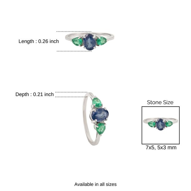Classic Emerald and Sapphire Three-Stone Women Ring in Sterling Silver - Size 7 For Sale - Image 9 of 11