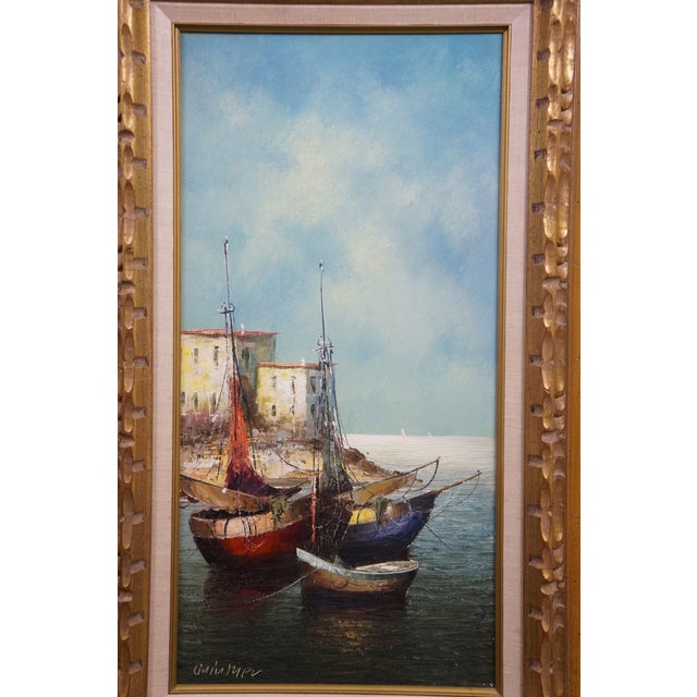 Late 20th Century Eleonore Guinther Nautical Maritime Fishing Boats Harbor Oil Painting 33" For Sale - Image 6 of 15