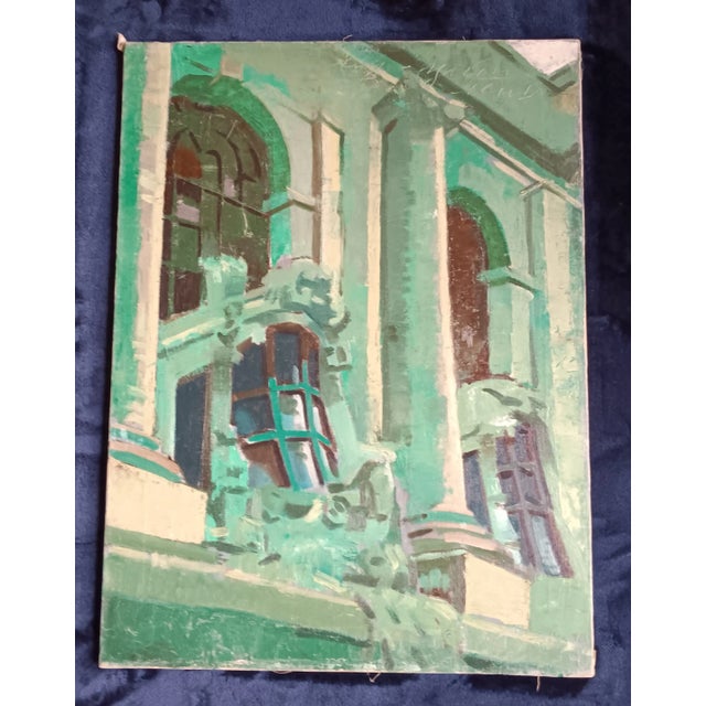 Realism “Nocturne of the New York Yacht Club” Vintage Architectural Cityscape Original Oil Painting by David Beynon Pena For Sale - Image 3 of 9