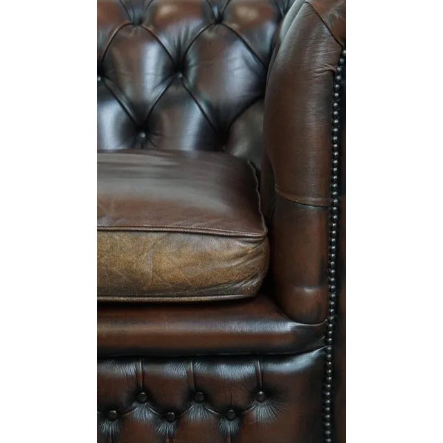 English Chesterfield Armchair in Dark Brown Cowhide with Decorative Studs For Sale - Image 13 of 16