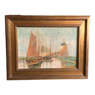 19th Century Dutch Oil Painting of a Canal Scene in the Polders, Framed For Sale