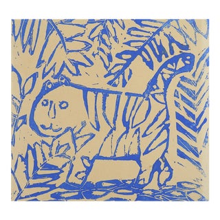 Mid 20th Century Blue Tiger Linocut Print For Sale