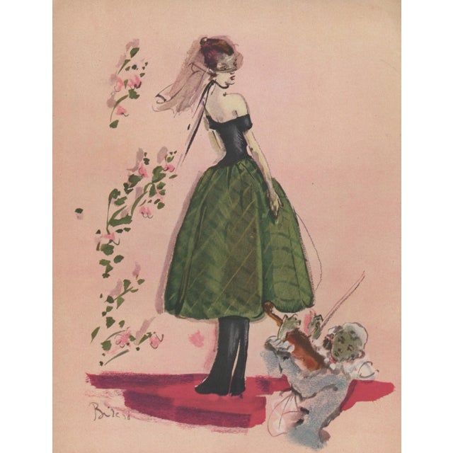 Mid-Century Modern 1947 Rare PAIR-French Fashion Design Prints-Balenciaga, Piguet, Matted For Sale - Image 3 of 6