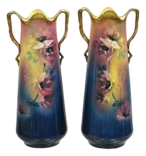 Early 20th Century French Art Nouveau Floral Painted Blue Pink Porcelain Austrian Vases - a Pair