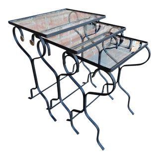Set of 3 Outdoor Wrought Iron Nesting Tables, Copper Floret Trim For Sale
