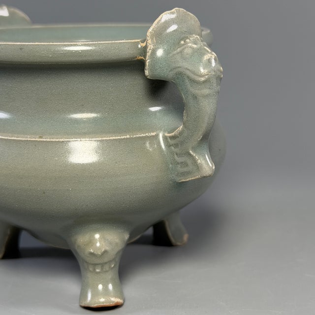 Chinese Vintage Chinese Longquan Celadon Porcelain Incense Burner | One of a Kind, Sculpted Dragon‑Shaped Handles For Sale - Image 3 of 6