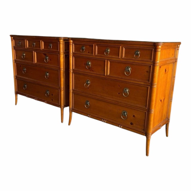 Mid-Century Modern 1970s Baker Furniture Faux Bamboo Pine Chinoiserie Mid Century Commodes - A Pair For Sale - Image 3 of 10