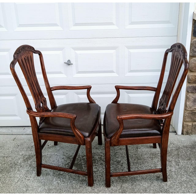 Coffee Elevate Your Space With This Exceptional Pair of Jonathan Charles Mahogany Leather Armchairs. For Sale - Image 8 of 12