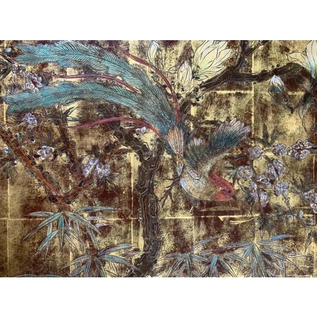 Very beautiful rare and large lacquer of Chinese inspiration. Representation of a green space with many plants such as...