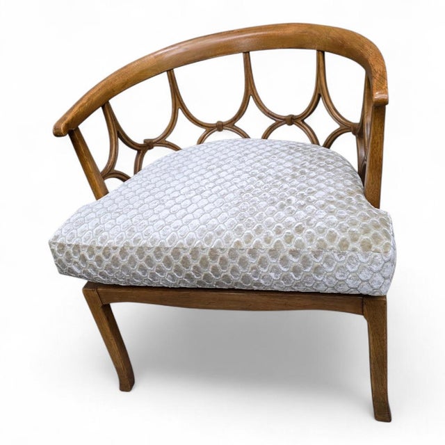 Mid-Century Modern William “Billy” Haines Style Fruitwood Spider-Leg Barrel Back Lounge Chair – Newly Reupholstered in...